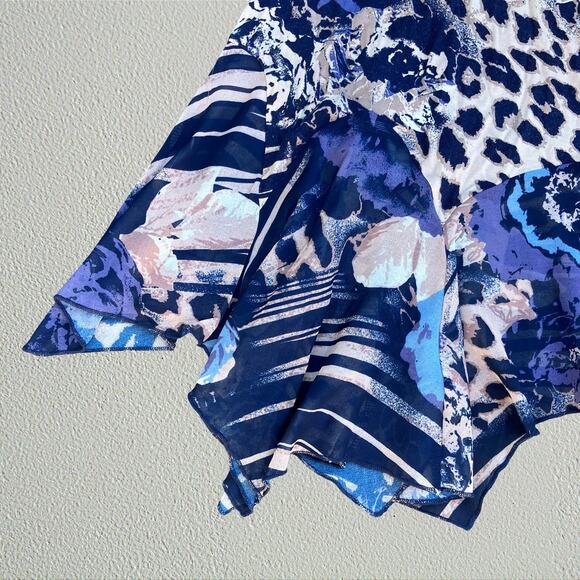 Blue leopard floral handkerchief hem midi skirt, Y2K bohemian eclectic hippie - Picture 4 of 5